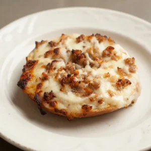 Bird's-eye view of two bagel halves each topped with crumbled breakfast sausage, white gravy, and shredded mozzarella cheese.