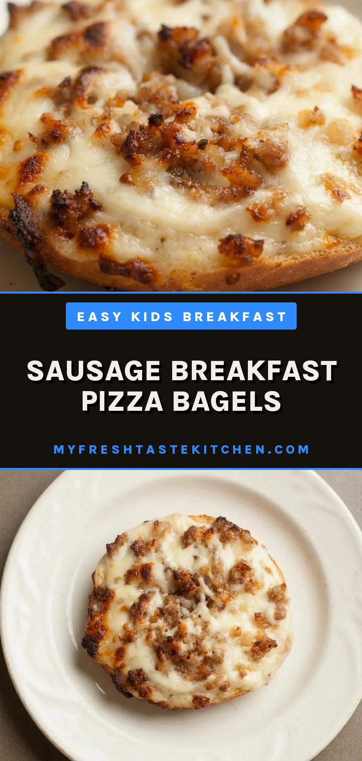 Sausage breakfast pizza bagels topped with browned breakfast sausage, white gravy, and melted mozzarella cheese on bagel halves.