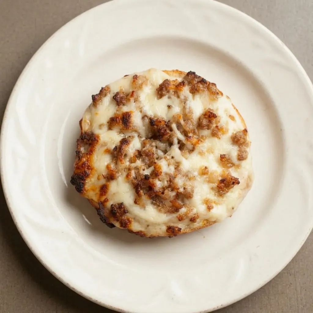 Ready to serve: a bagel topped with breakfast sausage, white gravy, and mozzarella cheese, with a slightly angled view.