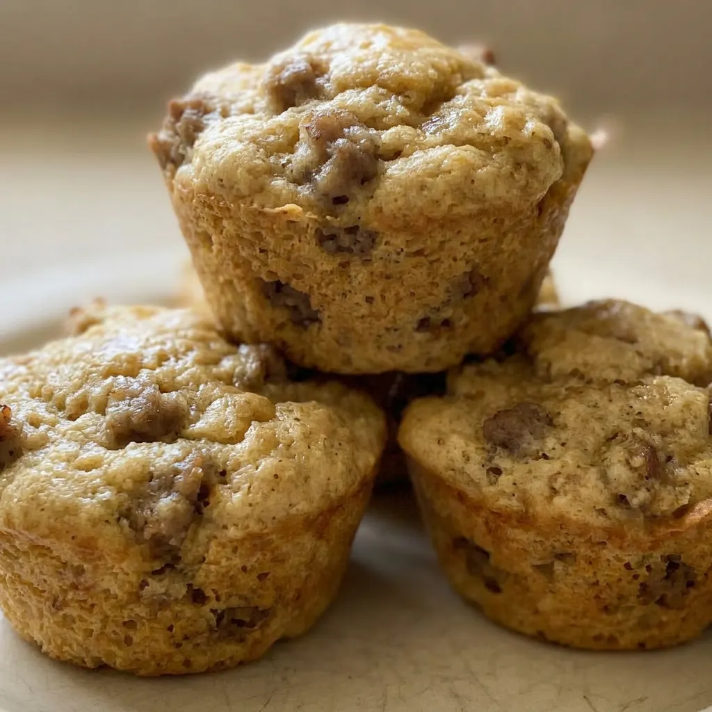 Up close, a mini muffin shows a browned sausage piece on top, with syrup pooling in the crevices.