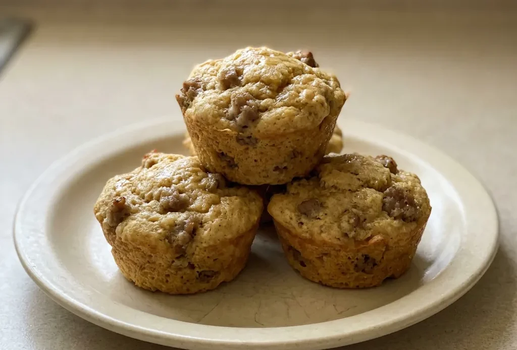 Looking down at a plate of golden mini muffins topped with crumbled sausage and drizzled with maple syrup.