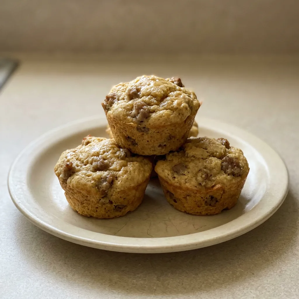 Looking down at a plate of golden mini muffins topped with crumbled sausage and drizzled with maple syrup.