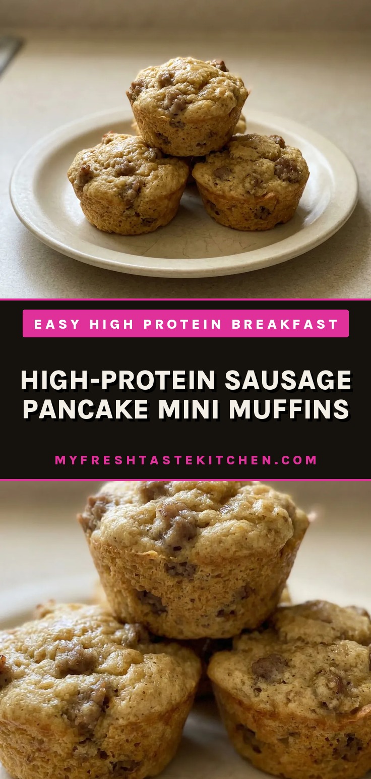 Sausage pancake mini muffins stacked on a plate, golden brown with maple syrup drizzled over them.