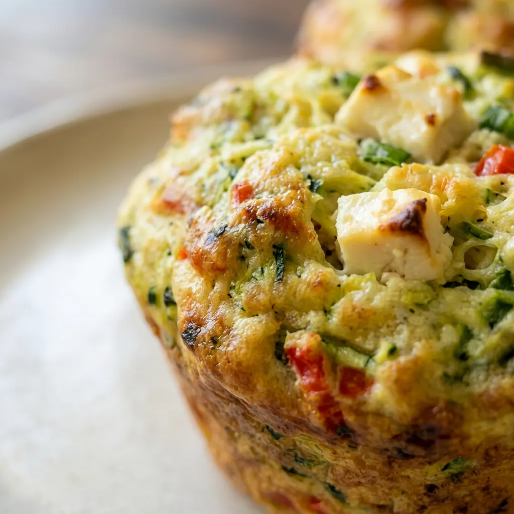 Macro detail of a muffin showing feta, bell pepper, zucchini, scallions, and parsley.
