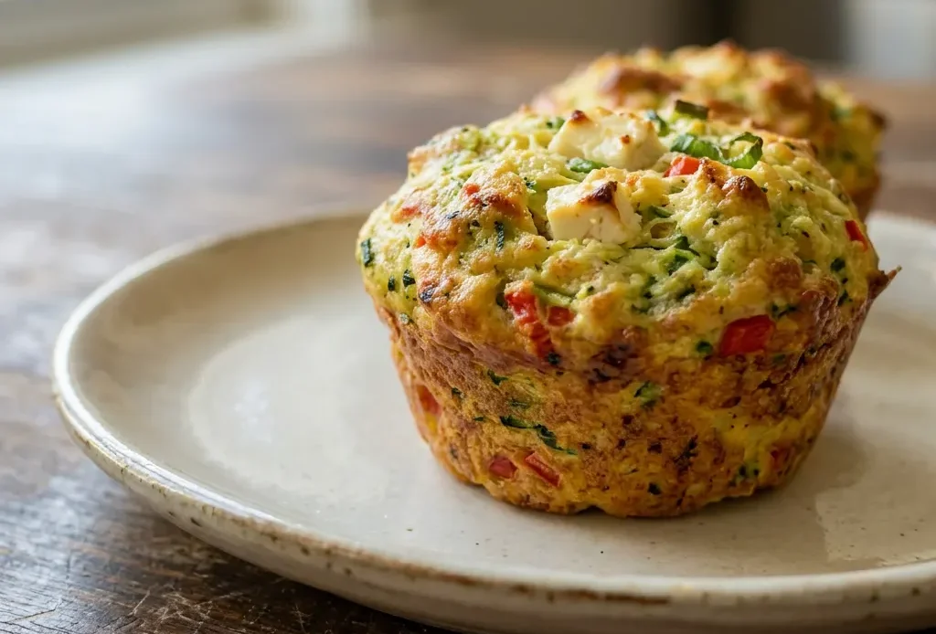 Top-down look at a muffin with visible feta, bell pepper, zucchini, scallions, and parsley.