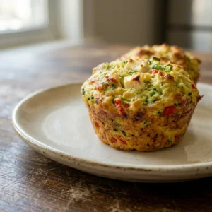 Top-down look at a muffin with visible feta, bell pepper, zucchini, scallions, and parsley.
