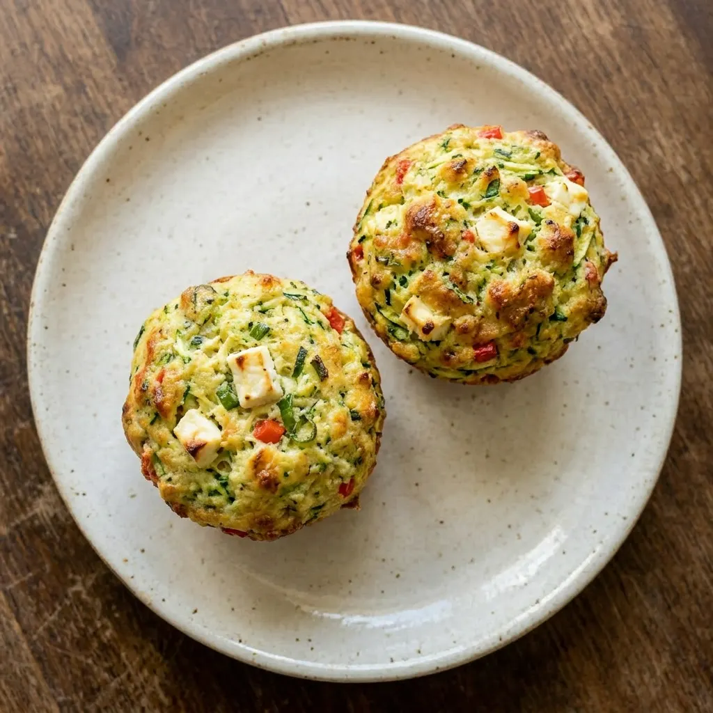 A serving of a muffin topped with feta, bell pepper, zucchini, scallions, and parsley.