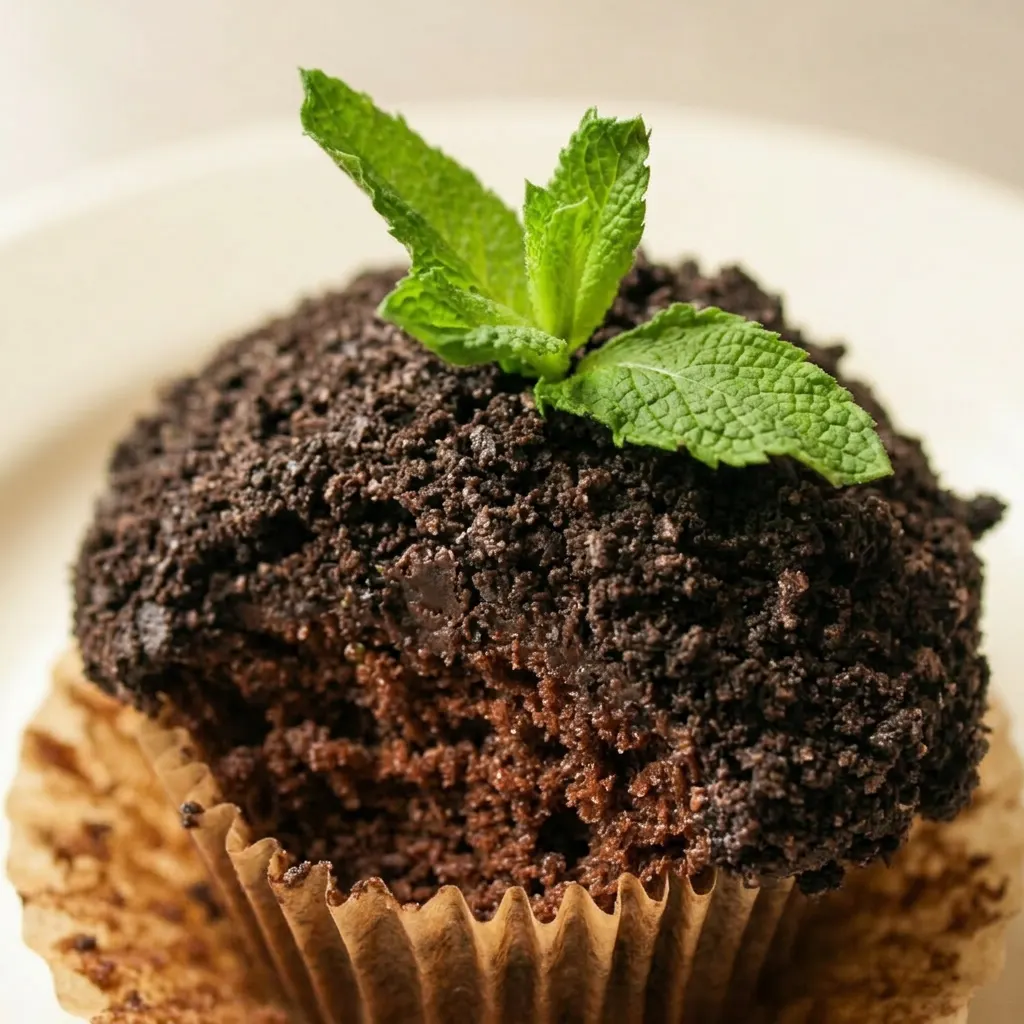 Macro detail of a chocolate cupcake with swirls of chocolate frosting, a crumbled Oreo piece, and a fresh mint leaf.