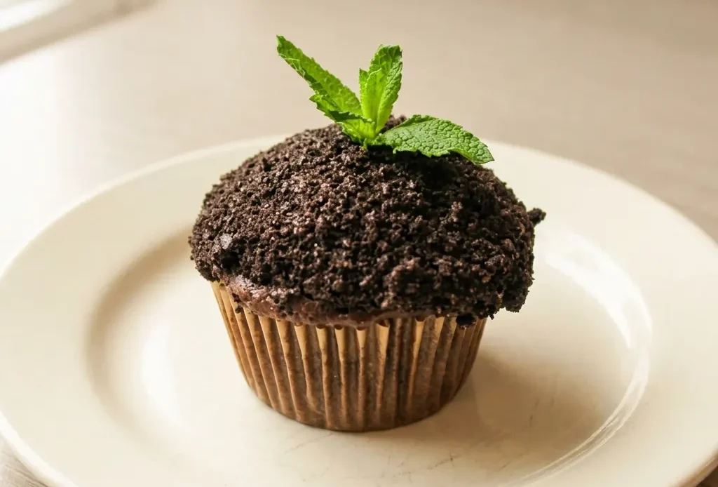 Top-down look at a chocolate cupcake topped with chocolate frosting, an Oreo cookie half, and a mint leaf.