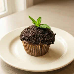 Top-down look at a chocolate cupcake topped with chocolate frosting, an Oreo cookie half, and a mint leaf.