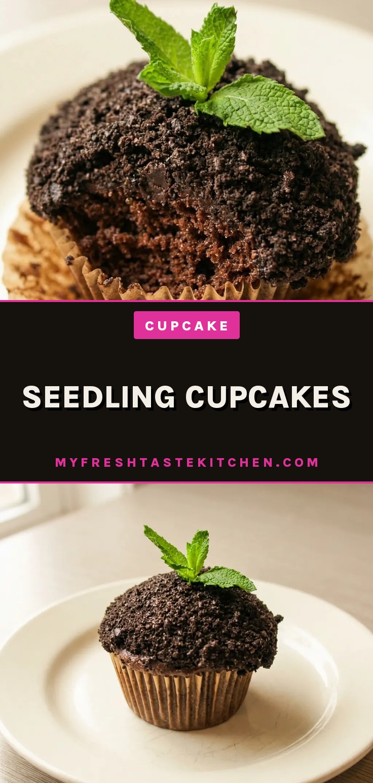 Top-down look at a chocolate cupcake topped with chocolate frosting, an Oreo cookie half, and a mint leaf.
