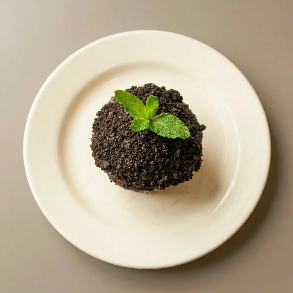 A serving of a chocolate cupcake with chocolate frosting, an Oreo cookie, and a mint leaf garnish.