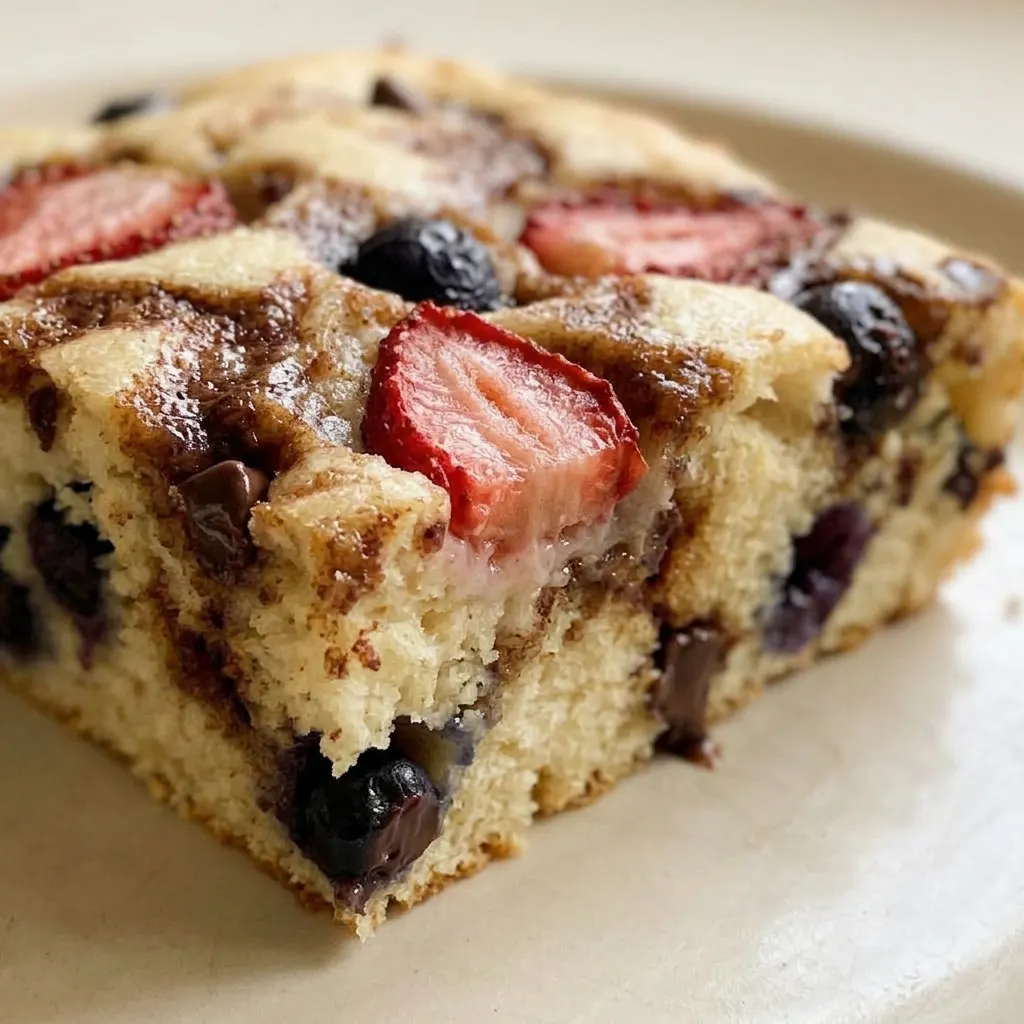 Up close, a pancake slice reveals a golden-brown interior studded with chocolate chips and blueberries, topped with fresh strawberry slices and jam.