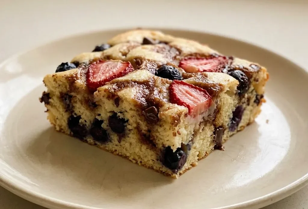 Looking down at a rectangular pancake topped with strawberry slices, chocolate chips, blueberries, and a drizzle of strawberry jam.