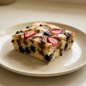 Looking down at a rectangular pancake topped with strawberry slices, chocolate chips, blueberries, and a drizzle of strawberry jam.