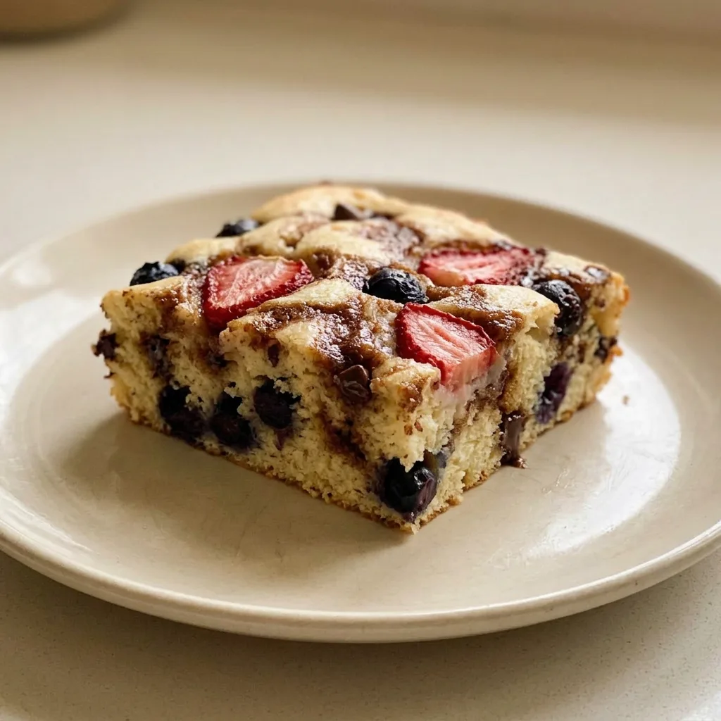 Looking down at a rectangular pancake topped with strawberry slices, chocolate chips, blueberries, and a drizzle of strawberry jam.