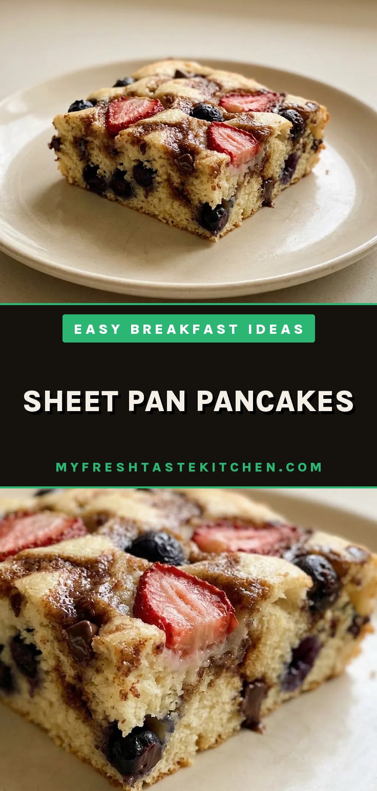 Sheet pan pancakes with strawberry jam swirl, chocolate chip blueberry pancakes, and cinnamon pancakes on a sheet pan.
