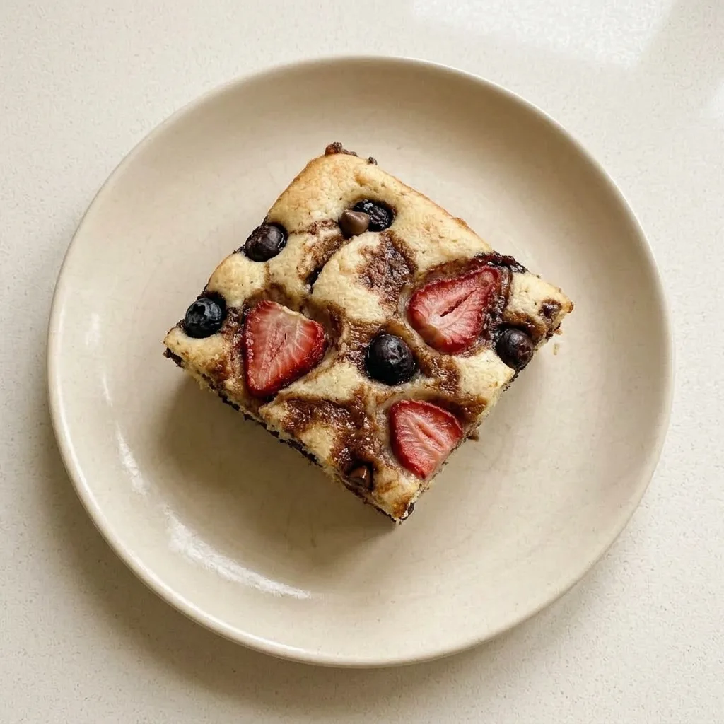 A plate of sheet pan pancake squares with strawberry jam, fresh strawberries, chocolate chips, and blueberries scattered on top.