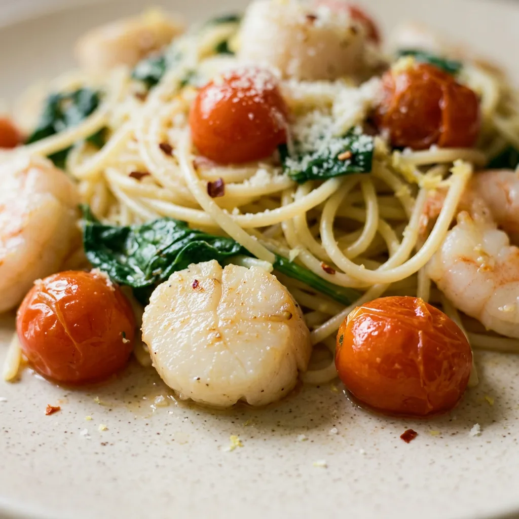 Zoomed in on a fork-twirl of spaghetti with a shrimp, scallop, and halved cherry tomatoes, garnished with lemon zest.