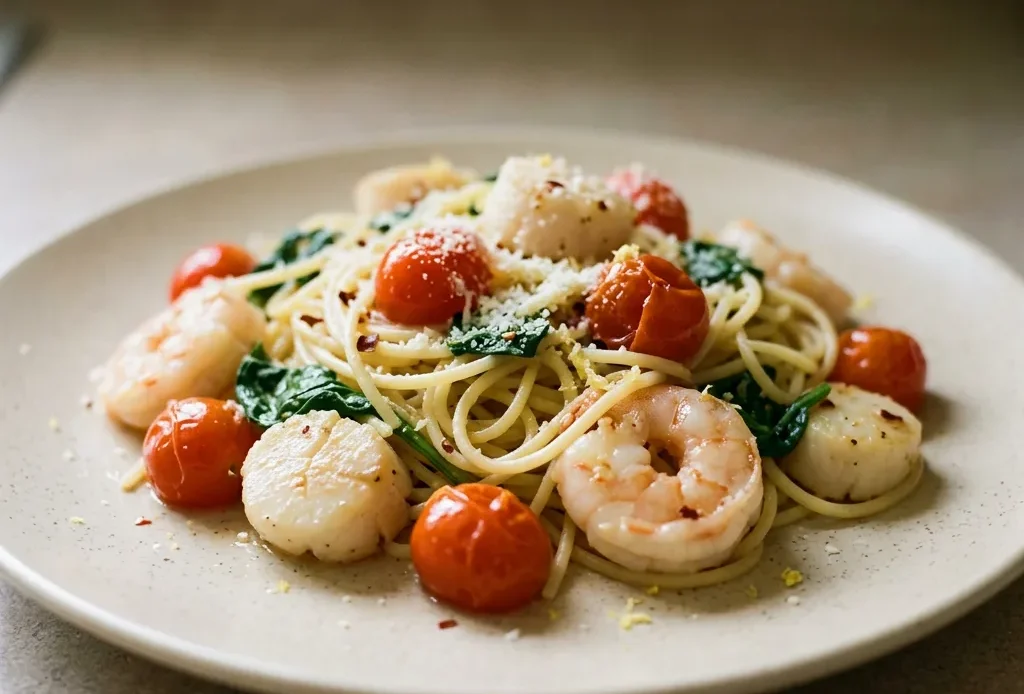 Bird's-eye view of spaghetti topped with shrimp, scallops, cherry tomatoes, and spinach, drizzled with olive oil and lemon.