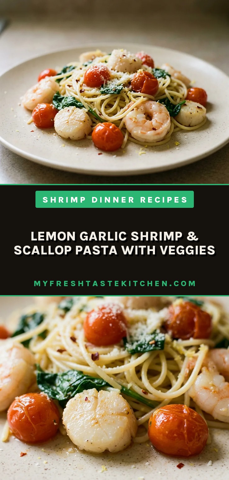 Bird's-eye view of spaghetti topped with shrimp, scallops, cherry tomatoes, and spinach, drizzled with olive oil and lemon.