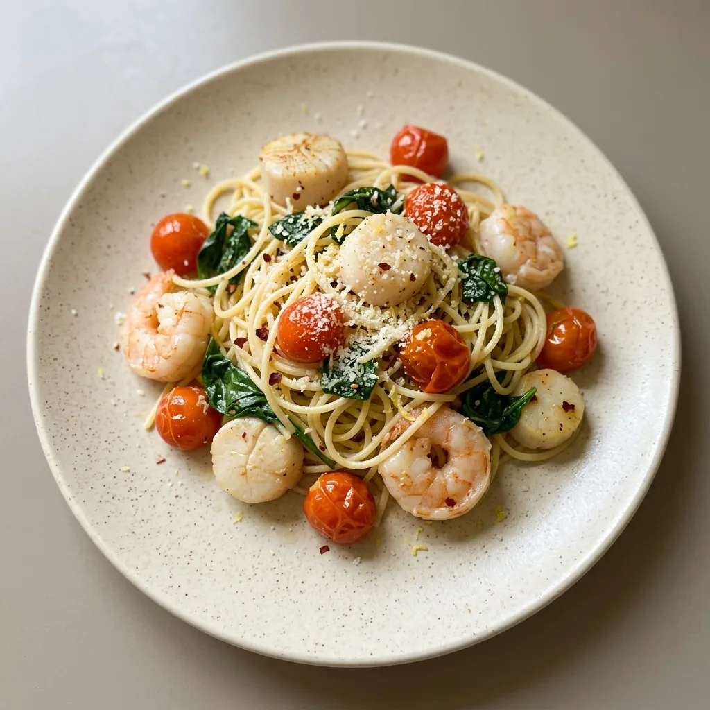 Ready to serve: spaghetti with shrimp and scallops, scattered cherry tomatoes and wilted spinach, finished with lemon wedges.