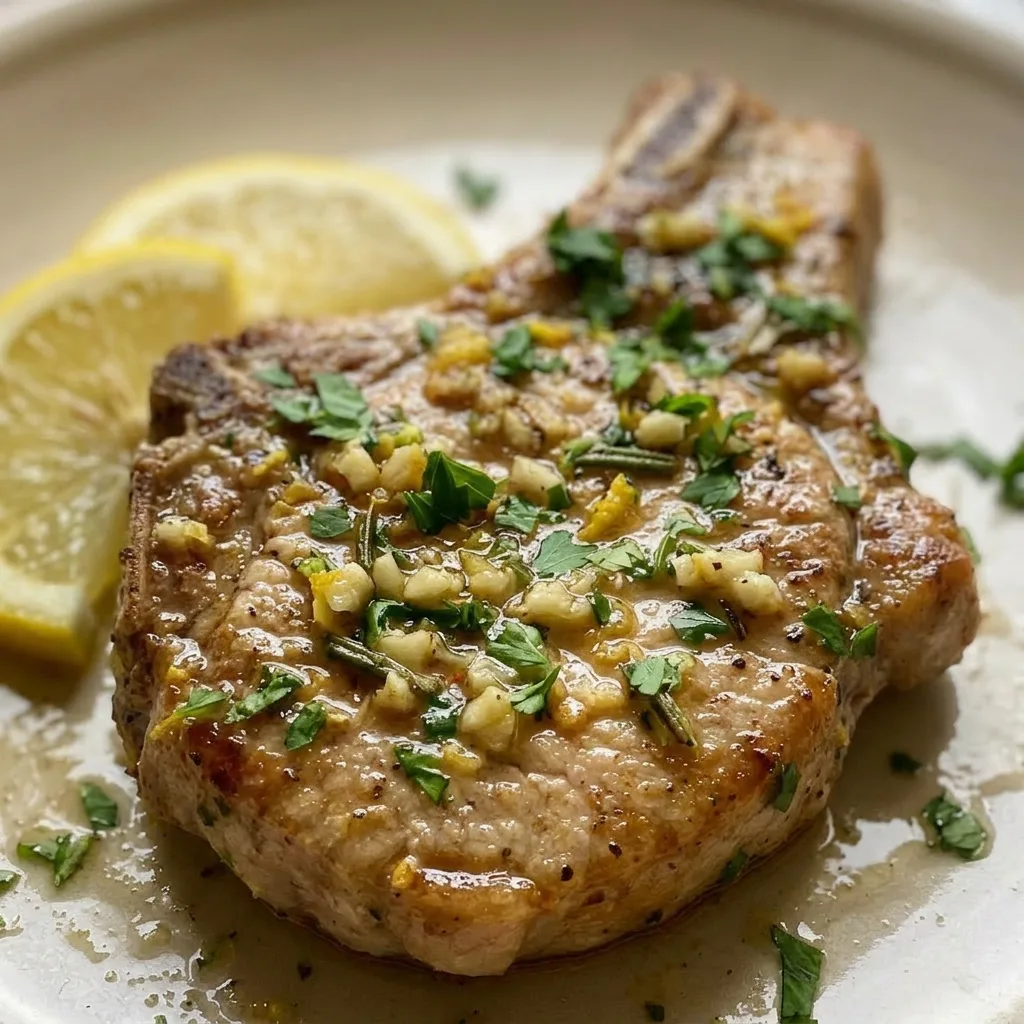 Macro detail of a pork chop with visible garlic, parsley, rosemary, and oregano, and a lemon wedge.