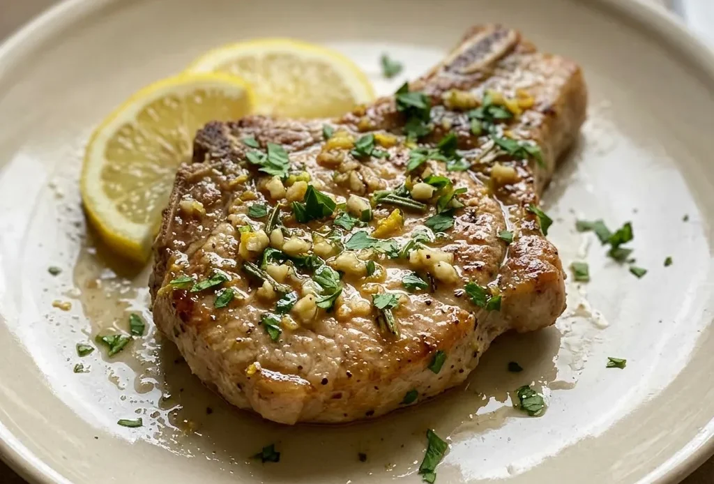Top-down look at two pork chops topped with garlic slices, parsley, rosemary, and oregano, with lemon wedges on the side.