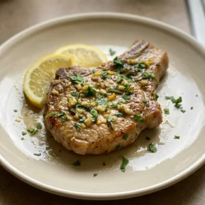 Top-down look at two pork chops topped with garlic slices, parsley, rosemary, and oregano, with lemon wedges on the side.