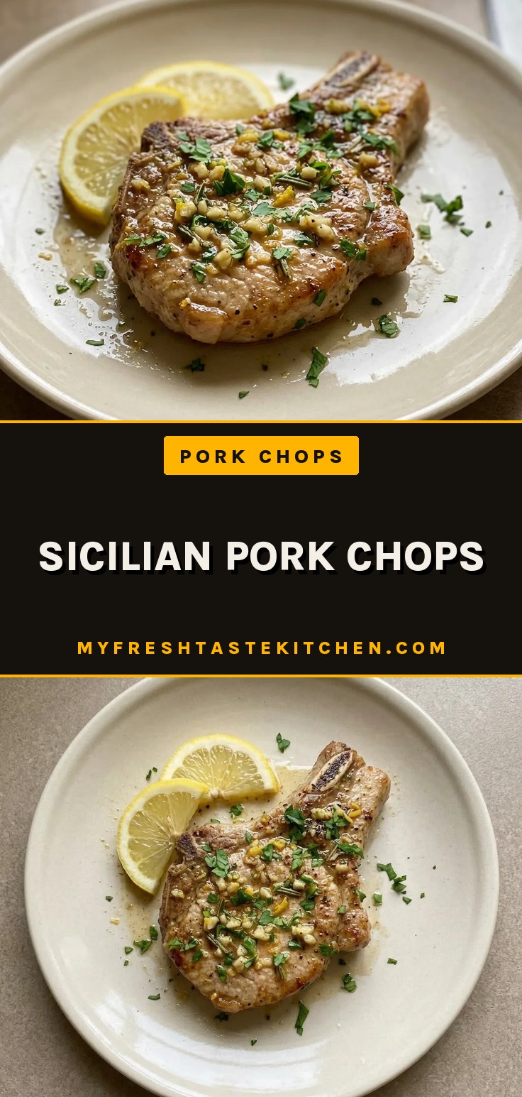 Top-down look at two pork chops topped with garlic slices, parsley, rosemary, and oregano, with lemon wedges on the side.
