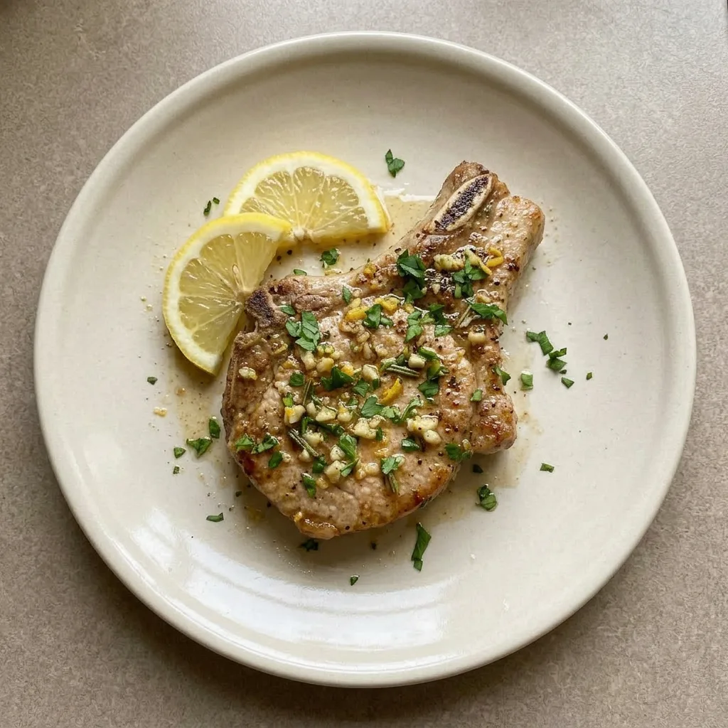 A serving of pork chops garnished with garlic, parsley, rosemary, and oregano, accompanied by lemon wedges.