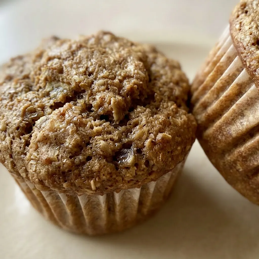 Zoomed in on a single bran muffin showing its domed top with cinnamon specks and a moist crumb texture.