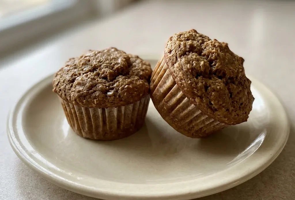 Bird's-eye view of two bran muffins with golden brown tops and visible wheat bran specks, placed on a dark surface.
