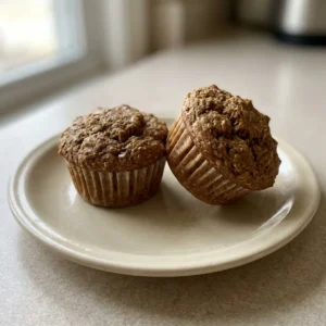 Bird's-eye view of two bran muffins with golden brown tops and visible wheat bran specks, placed on a dark surface.
