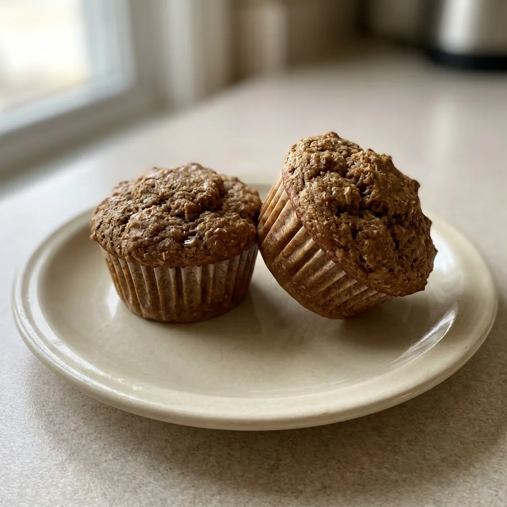 Bird's-eye view of two bran muffins with golden brown tops and visible wheat bran specks, placed on a dark surface.