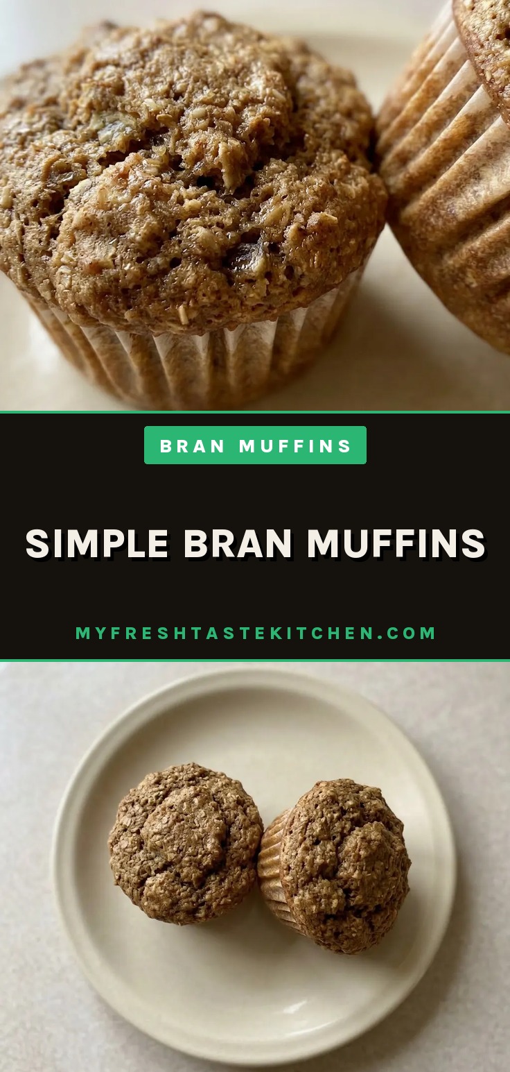 Bird's-eye view of two bran muffins with golden brown tops and visible wheat bran specks, placed on a dark surface.