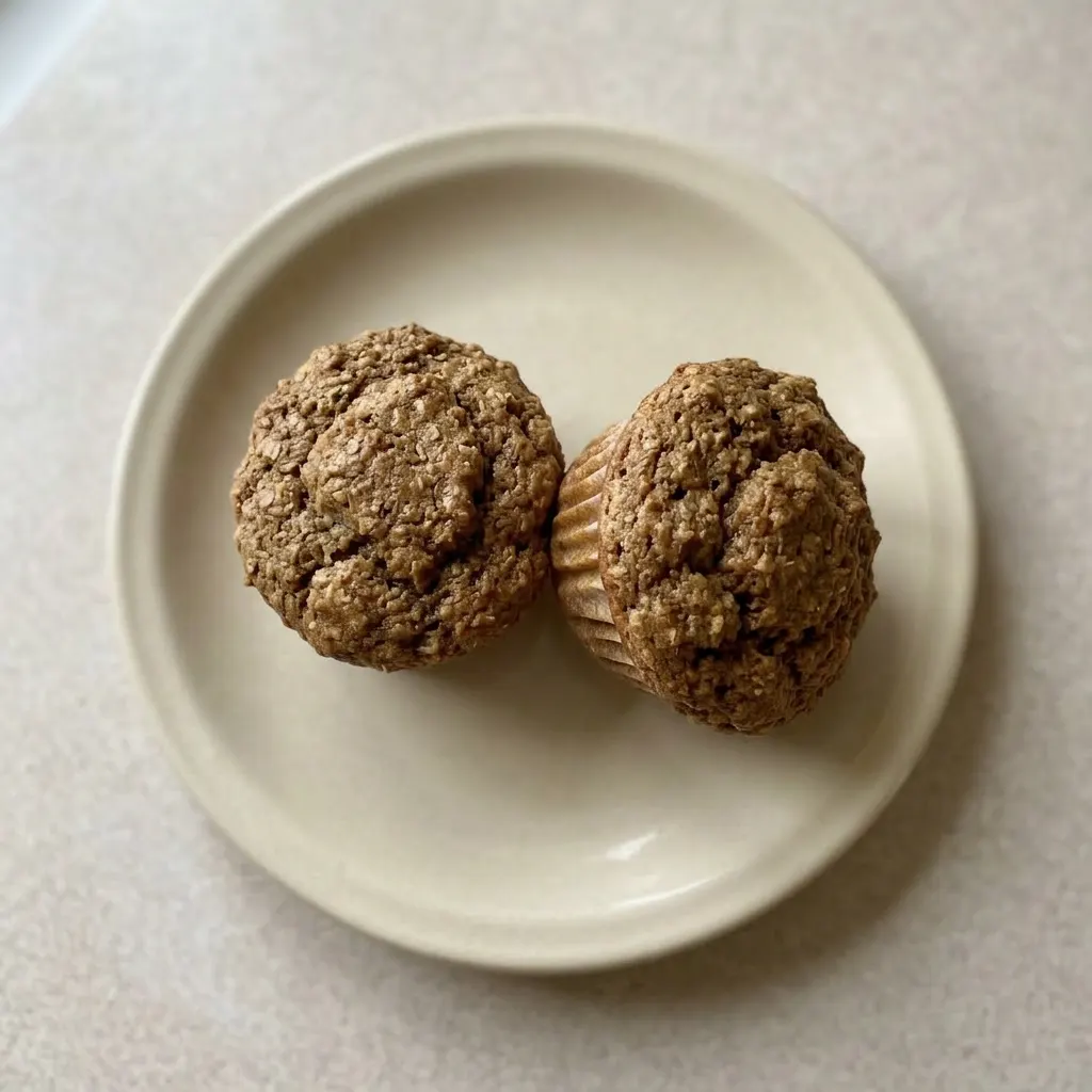 Ready to serve: a bran muffin with a tender crumb, studded with wheat bran, and a light dusting of cinnamon.