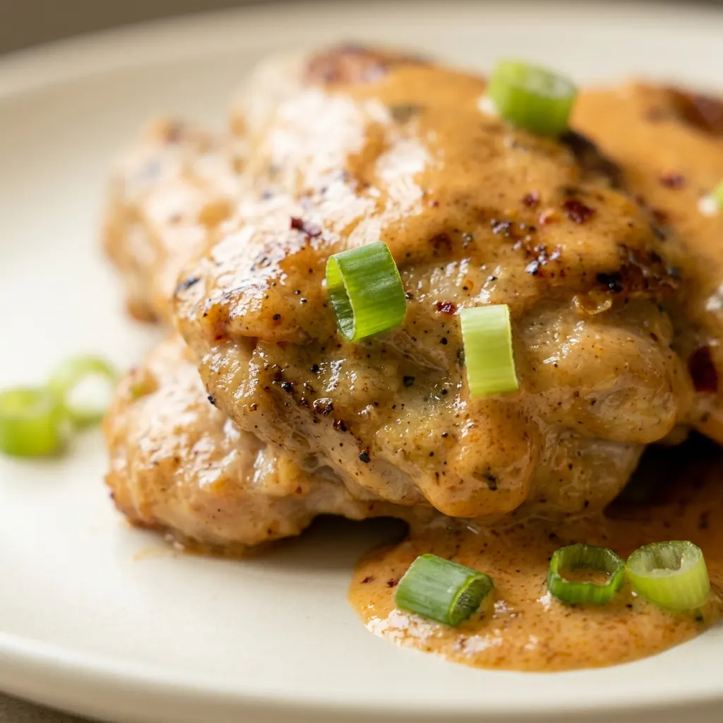 Zoomed in on a chicken thigh with crispy golden skin coated in creamy sauce, garnished with green onion rings.