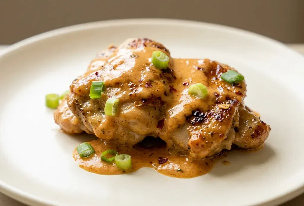 Bird's-eye view of three glazed chicken thighs drizzled with white bang bang sauce and topped with sliced green onions.