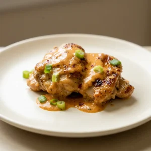 Bird's-eye view of three glazed chicken thighs drizzled with white bang bang sauce and topped with sliced green onions.