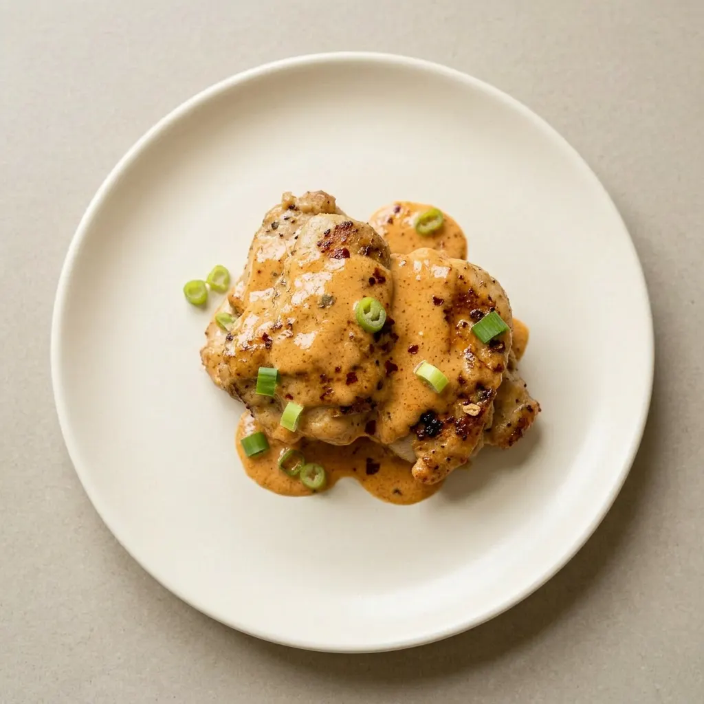 Ready to serve: chicken thighs arranged on a plate, covered in bang bang sauce and sprinkled with green onions.