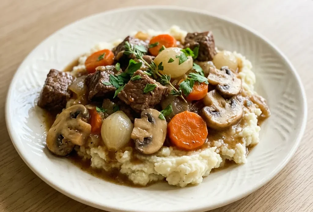 Bird's-eye view of beef chunks, carrots, mushrooms, and pearl onions in a glossy brown sauce with red wine vinegar and Dijon mustard.