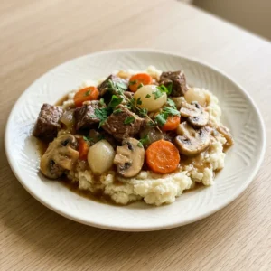 Bird's-eye view of beef chunks, carrots, mushrooms, and pearl onions in a glossy brown sauce with red wine vinegar and Dijon mustard.