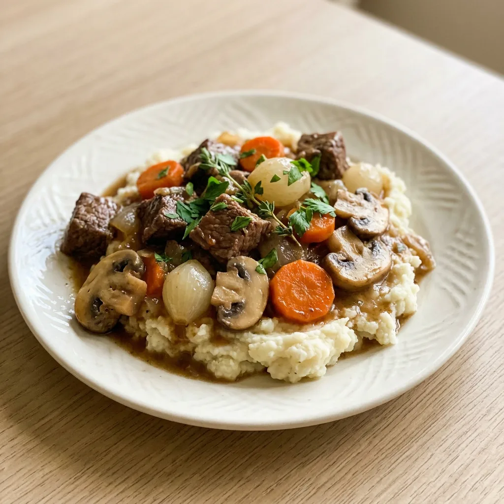 Bird's-eye view of beef chunks, carrots, mushrooms, and pearl onions in a glossy brown sauce with red wine vinegar and Dijon mustard.