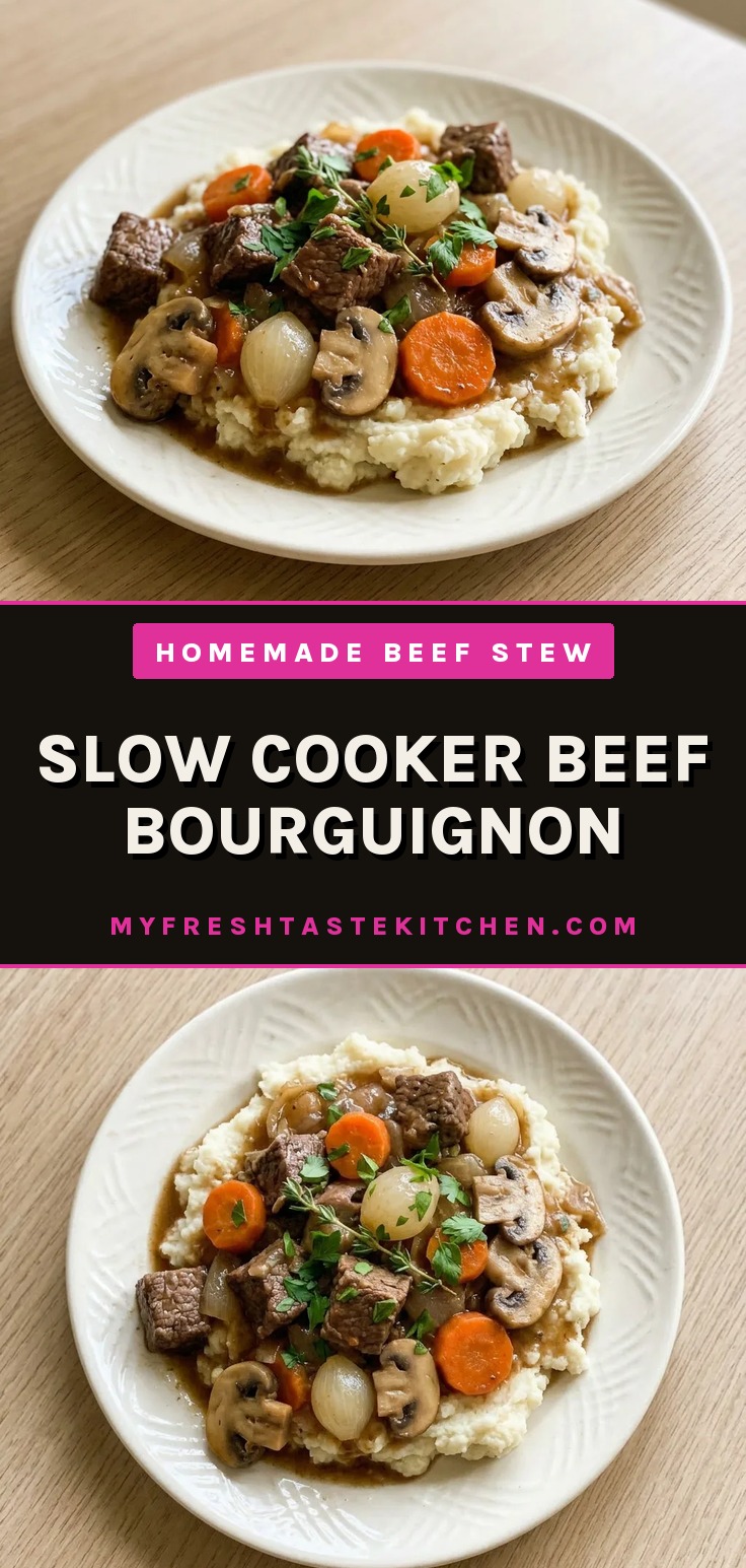 Slow Cooker Beef Bourguignon with pearl onions, mushrooms, and carrots in a rich brown sauce.