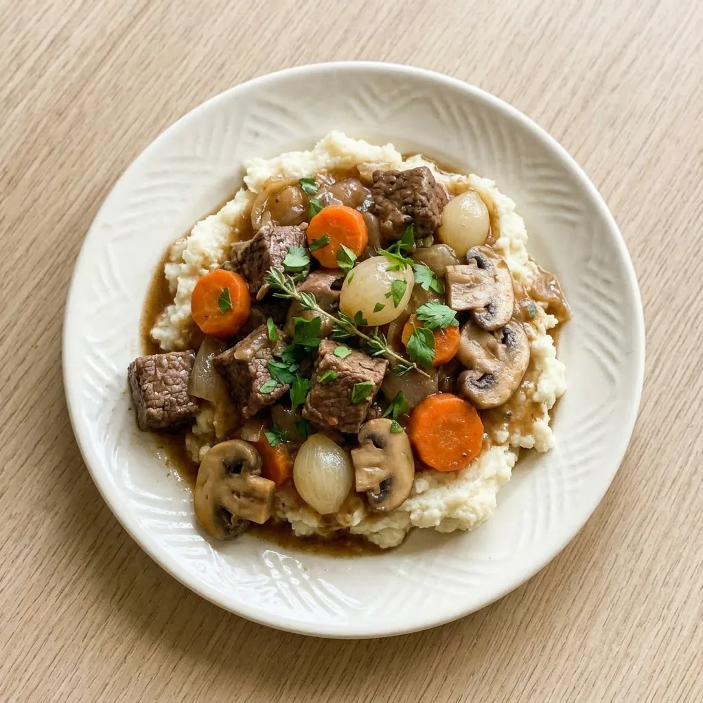 Ready to serve: beef bourguignon with carrots, mushrooms, and pearl onions in a deep brown sauce with red wine vinegar and Dijon mustard.
