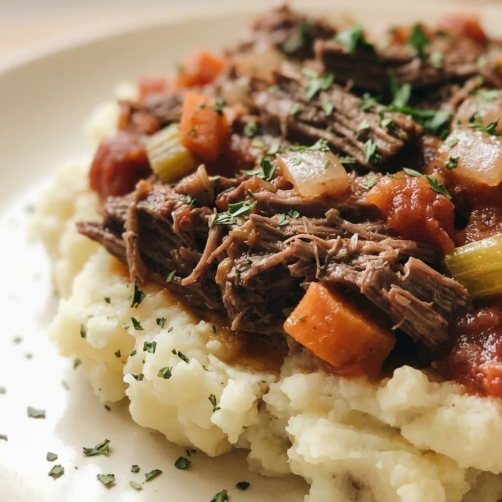 Zoomed in on tender beef strands coated in rich tomato sauce, with visible mushroom slices and carrot chunks.