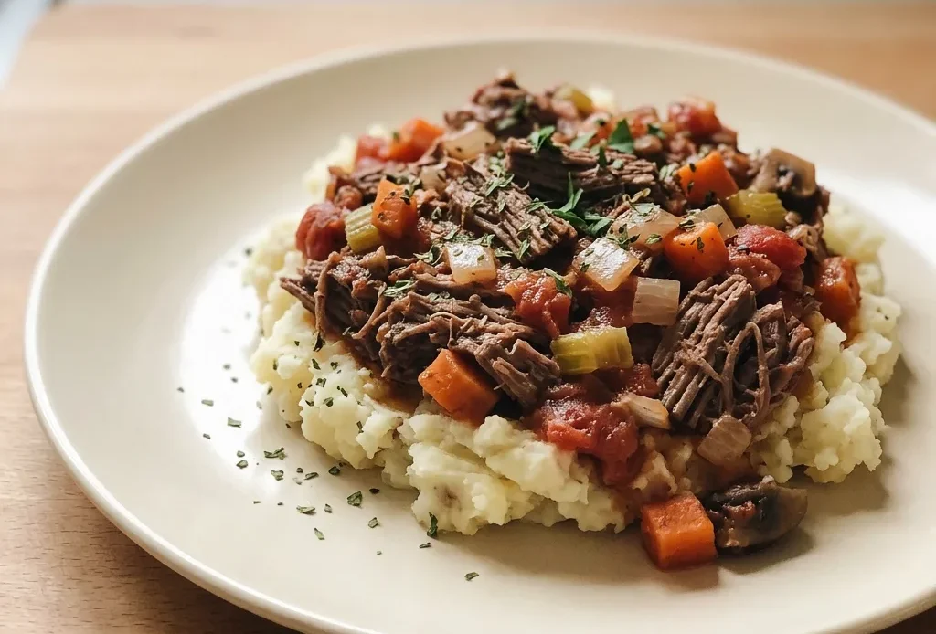 Bird's-eye view of shredded beef in dark sauce with mushrooms, carrots, and onions, topped with fresh herbs.
