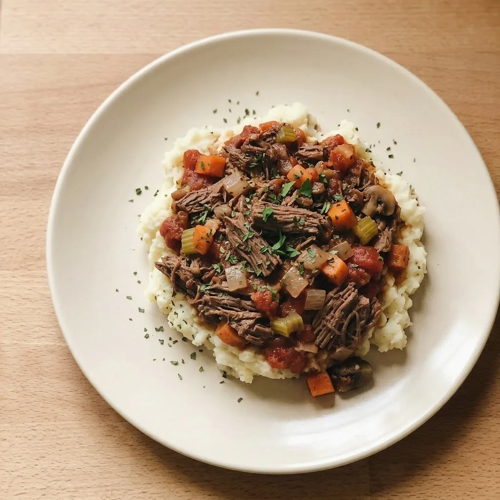 Ready to serve: A generous portion of beef ragu with chunky vegetables, garnished with parsley.