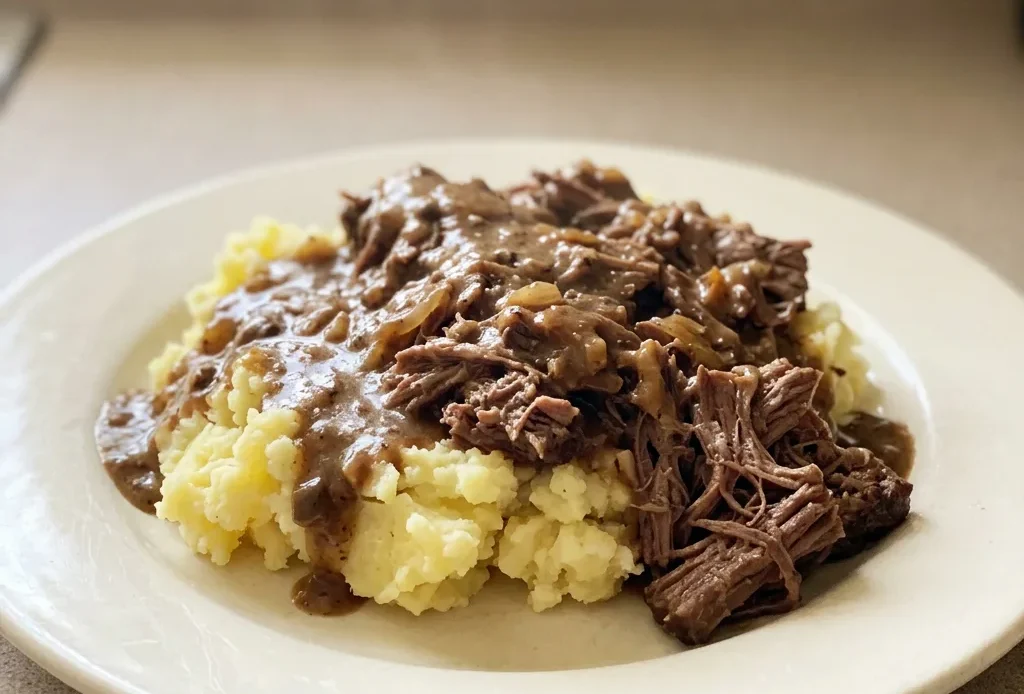 Top-down look at three beef short ribs in a glossy brown sauce with visible mushroom slices and onion flakes.
